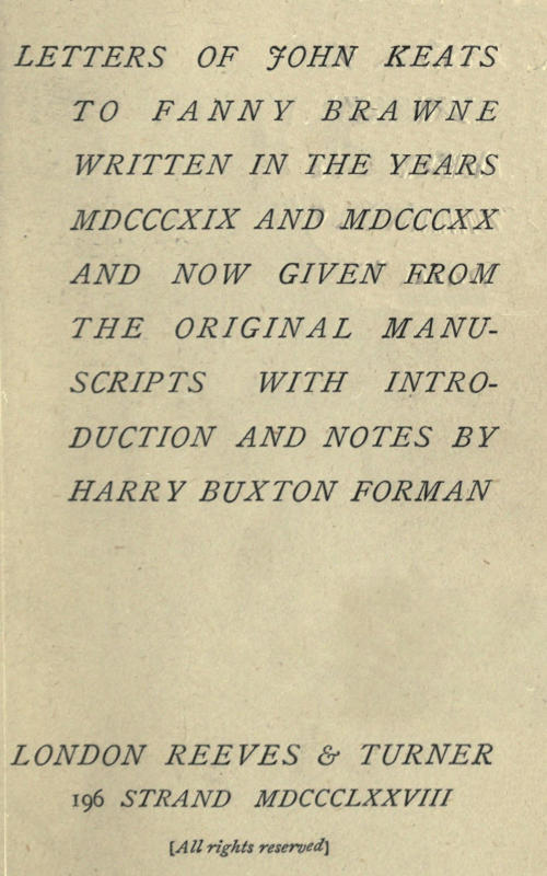 Letters of John Keats to Fanny Brawne