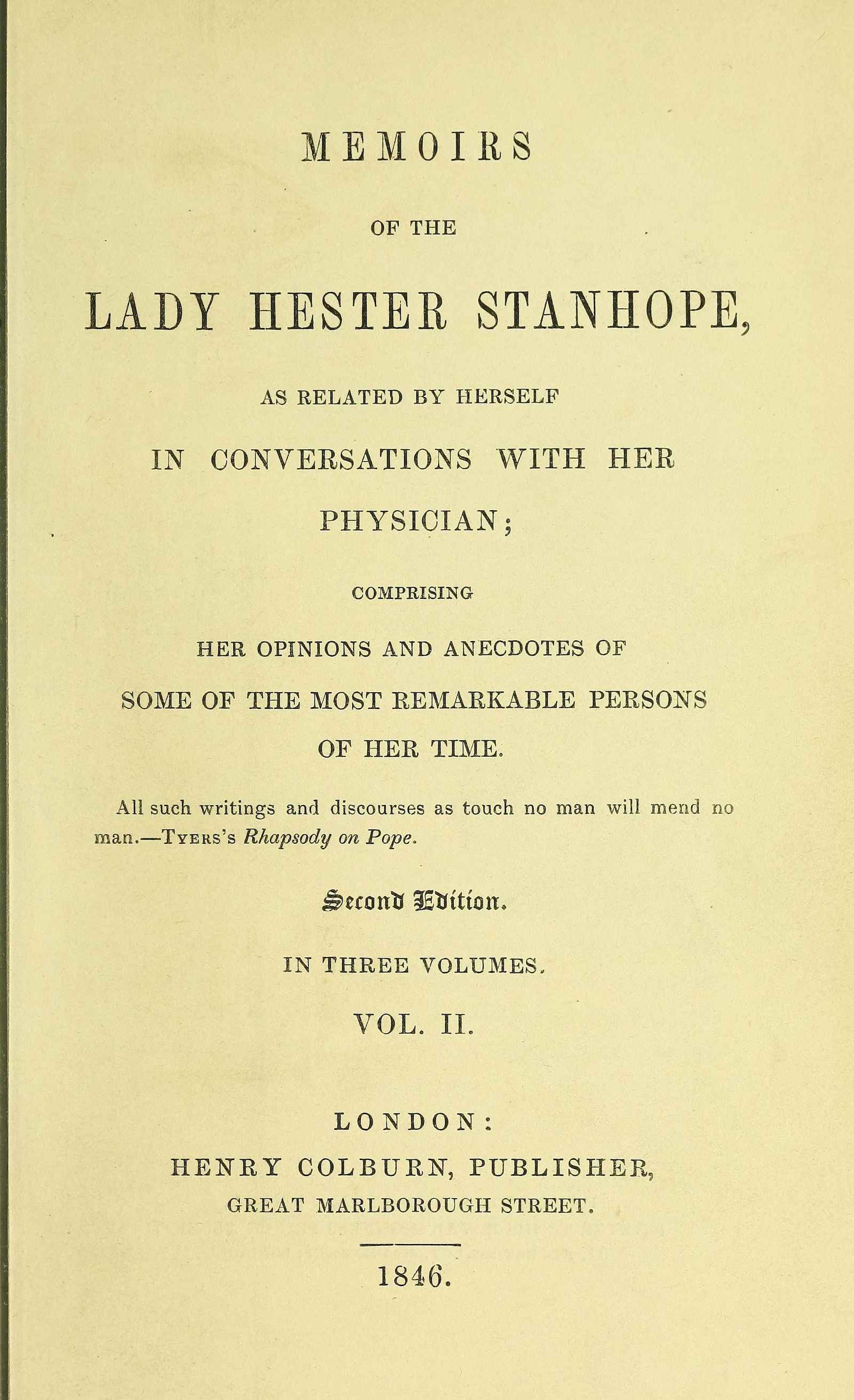 Memoirs of the Lady Hester Stanhope, as Related by Herself in Conversations with Her Physician, Vol. 2 (of 3)